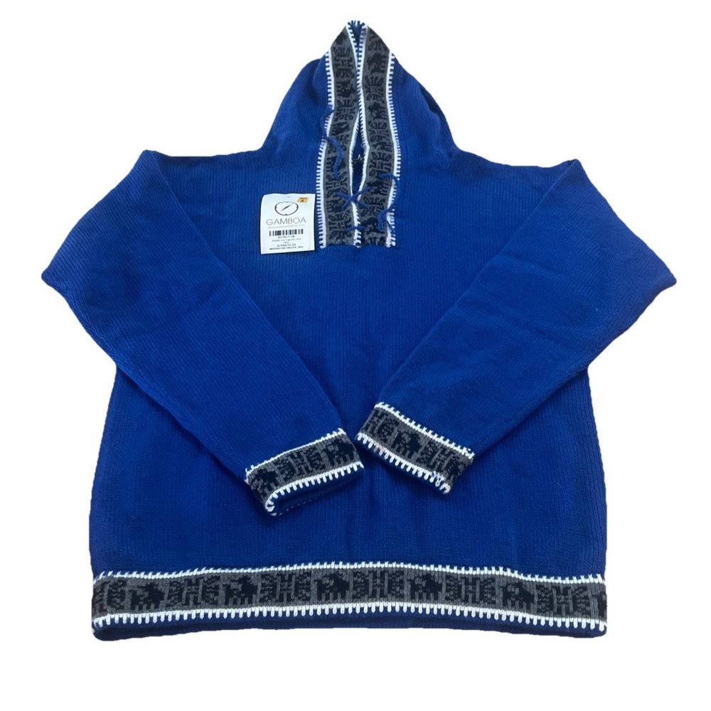 Gamboa Alpaca Wool Hooded V Neck Jumper Sweater Women's Small Blue New